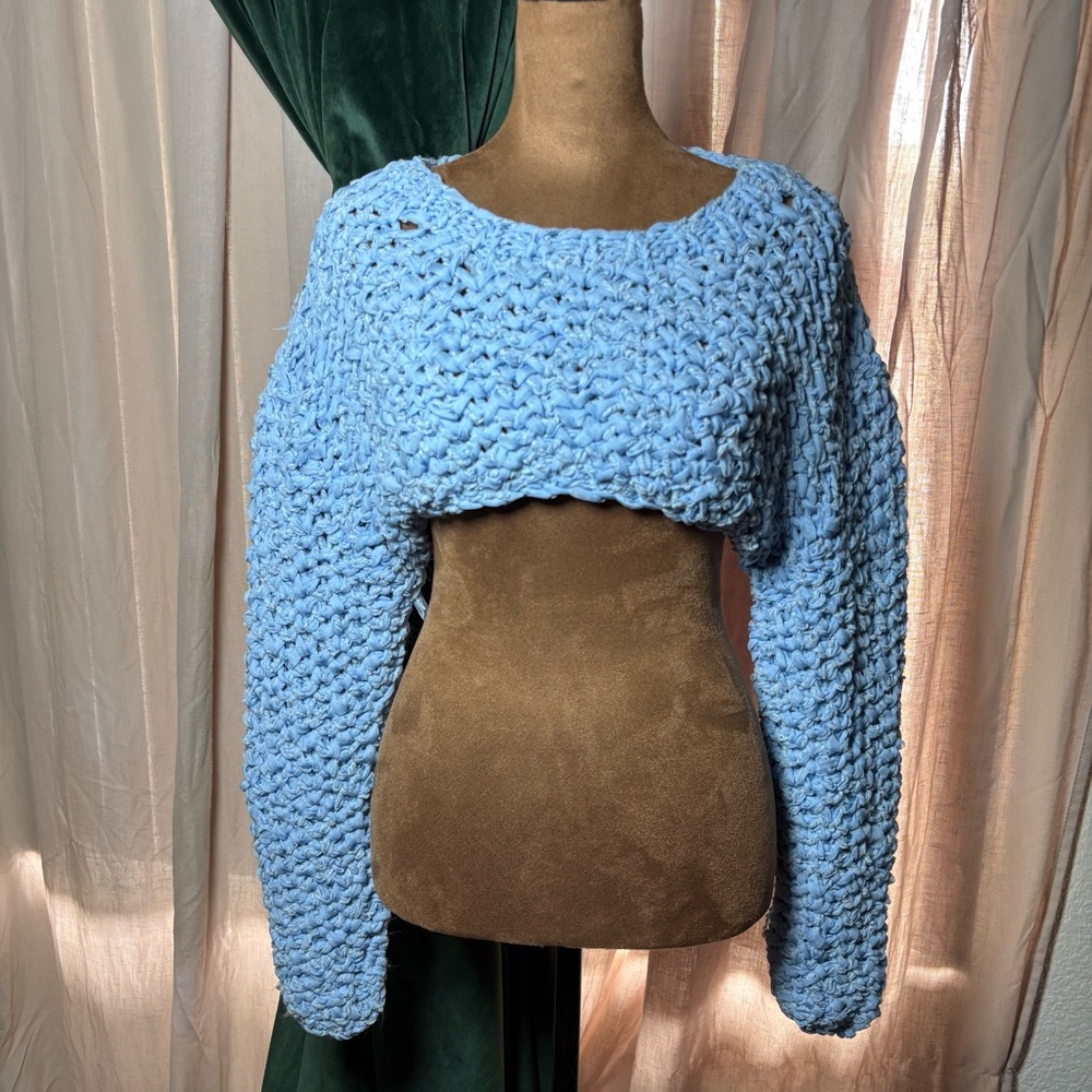 Zara Powder Blue Cropped Chunky Knit Crew Sweater
